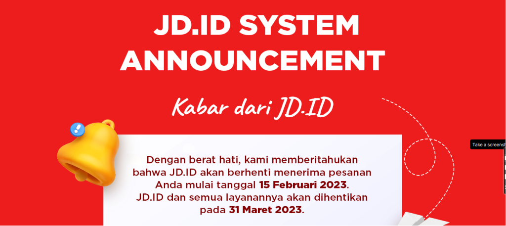 Tampilan Announcement toko kelontong online JD.ID tutup di laman resmi JD.ID